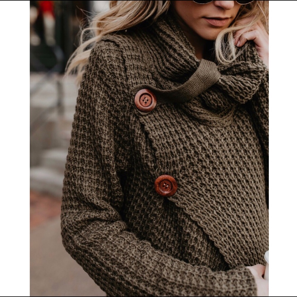 ✨Army Green Waffle Cowl Neck Sweater✨ - Picture 2 of 4